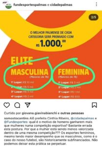 Premiação menor para mulheres em competição palmense gera revolta nas redes sociais