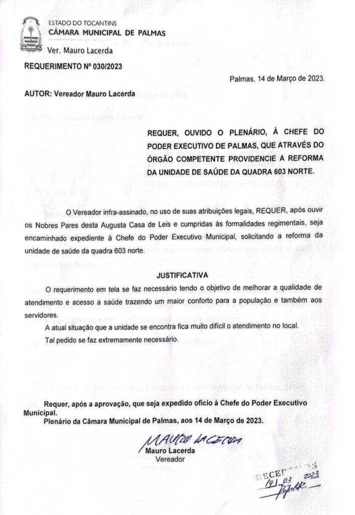 REQUERIMENTO ATENDIDO: Prefeitura de Palmas atende requerimento de Mauro Lacerda e inicia reforma na UBS da 603 Norte