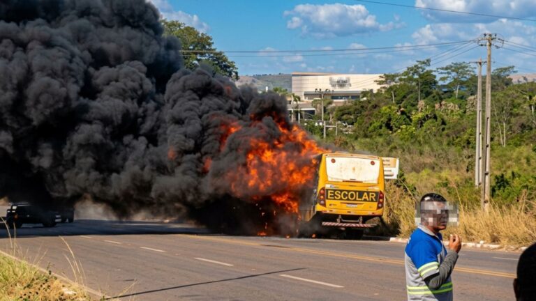 Ônibus escolar pega fogo e fica destruído na TO-222, em Araguaína; motorista escapa com ferimentos leves