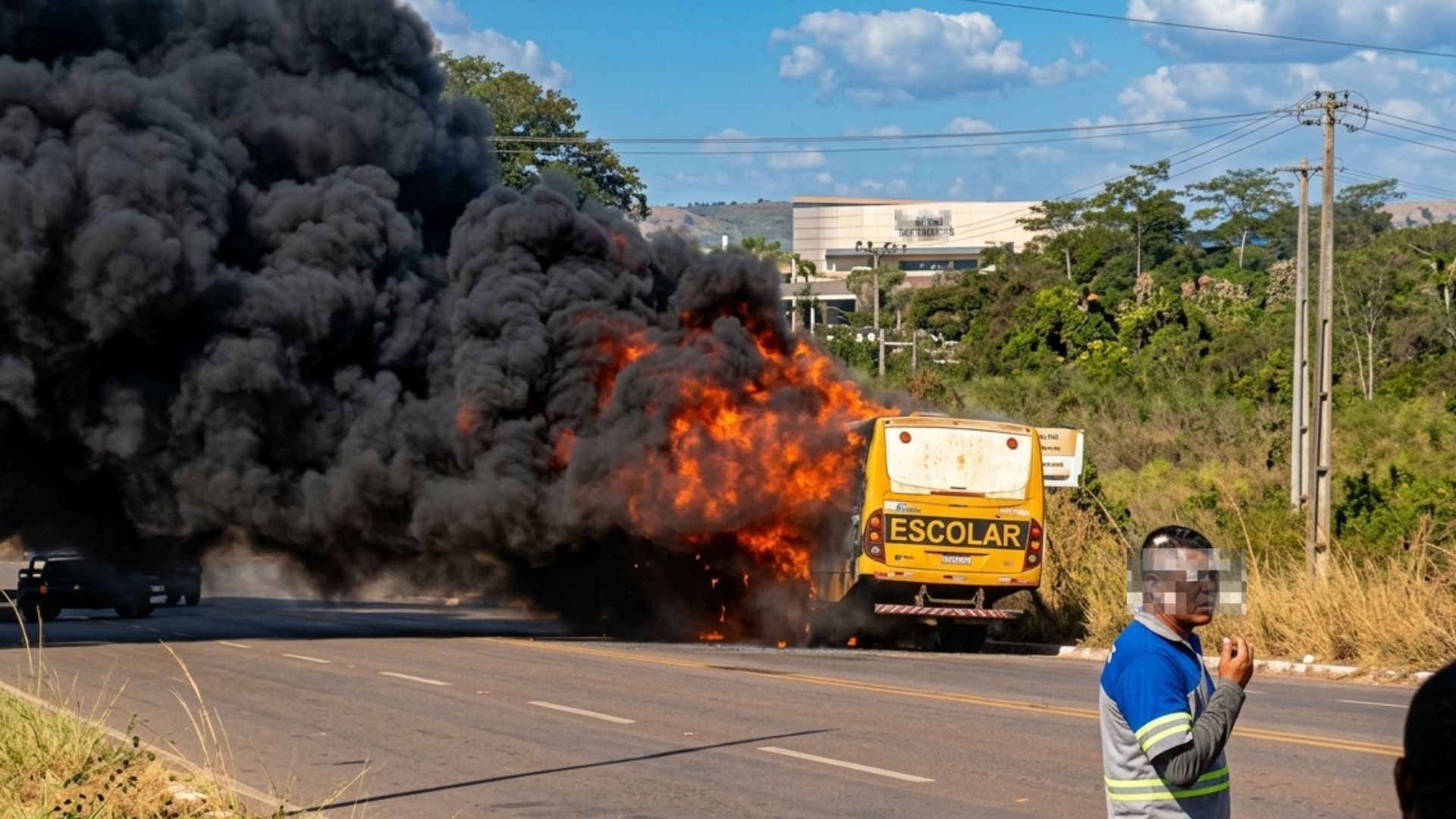 Ônibus escolar pega fogo e fica destruído na TO-222, em Araguaína; motorista escapa com ferimentos leves